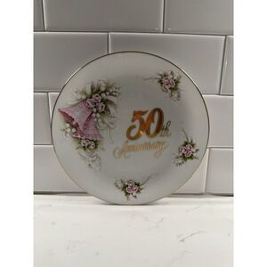 Enesco 50th Wedding Anniversary Floral Bell Dove Gold Trim Vintage‎ Plate